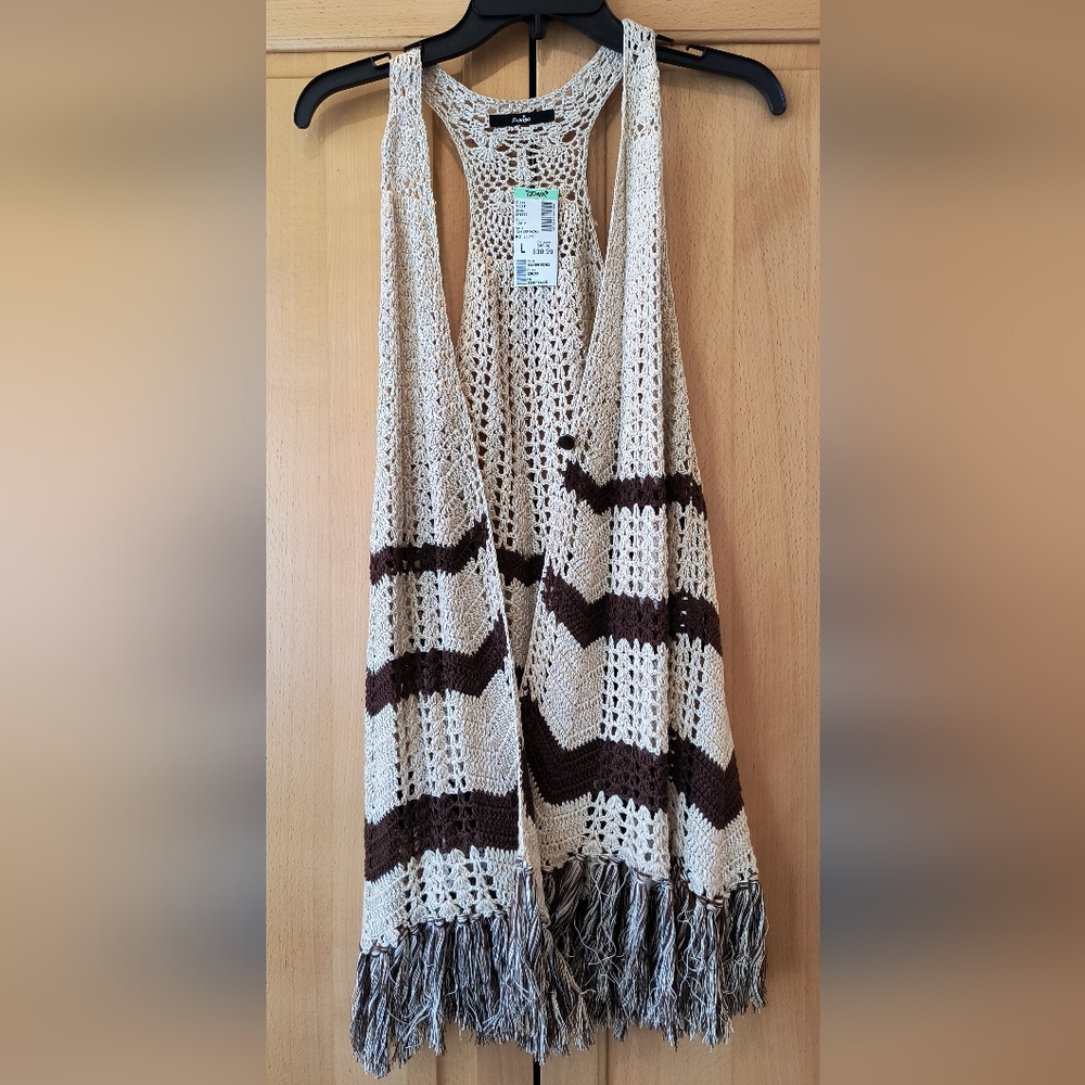 NWT Tan and Brown Chevron Knit Crochet Fringe Boho Vest